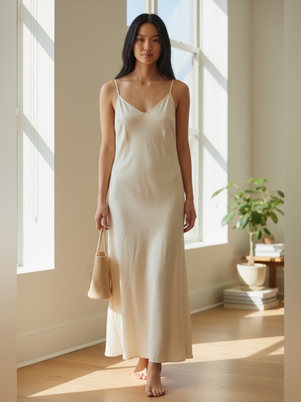 Cream Slip Maxi Dress - Simple Spaghetti Strap